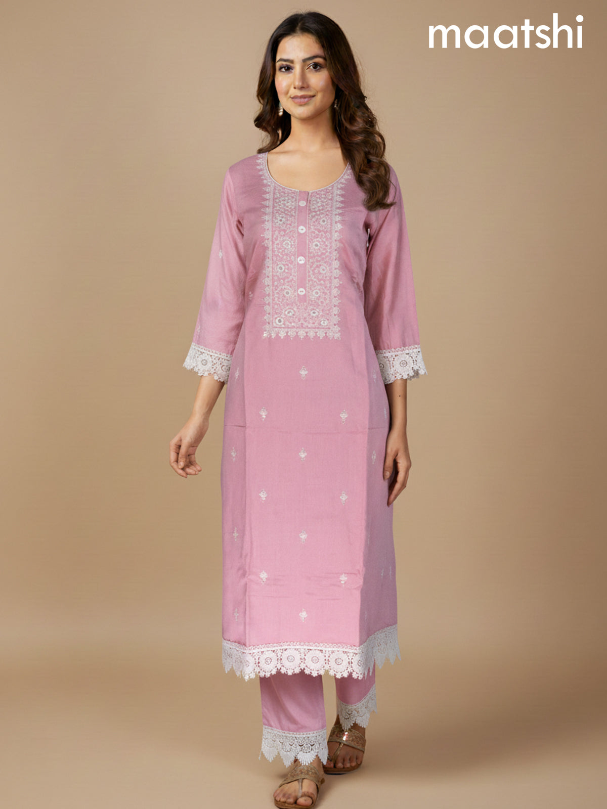 Peach Pink Shade Chanderi Embroidery Work Straight Suit Set