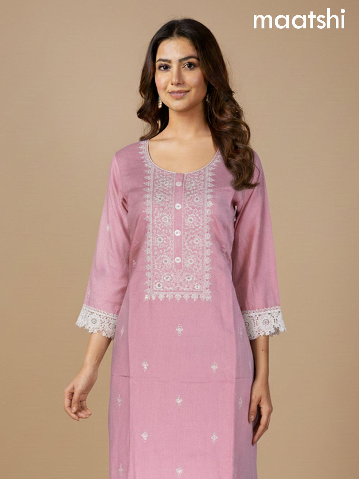 Peach Pink Shade Chanderi Embroidery Work Straight Suit Set