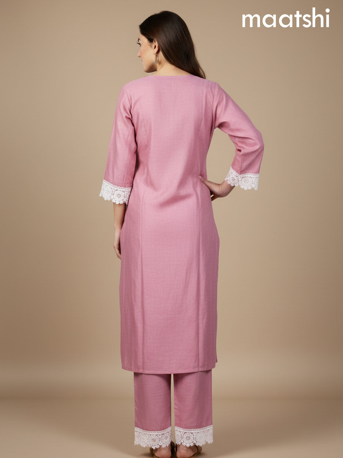 Peach Pink Shade Chanderi Embroidery Work Straight Suit Set