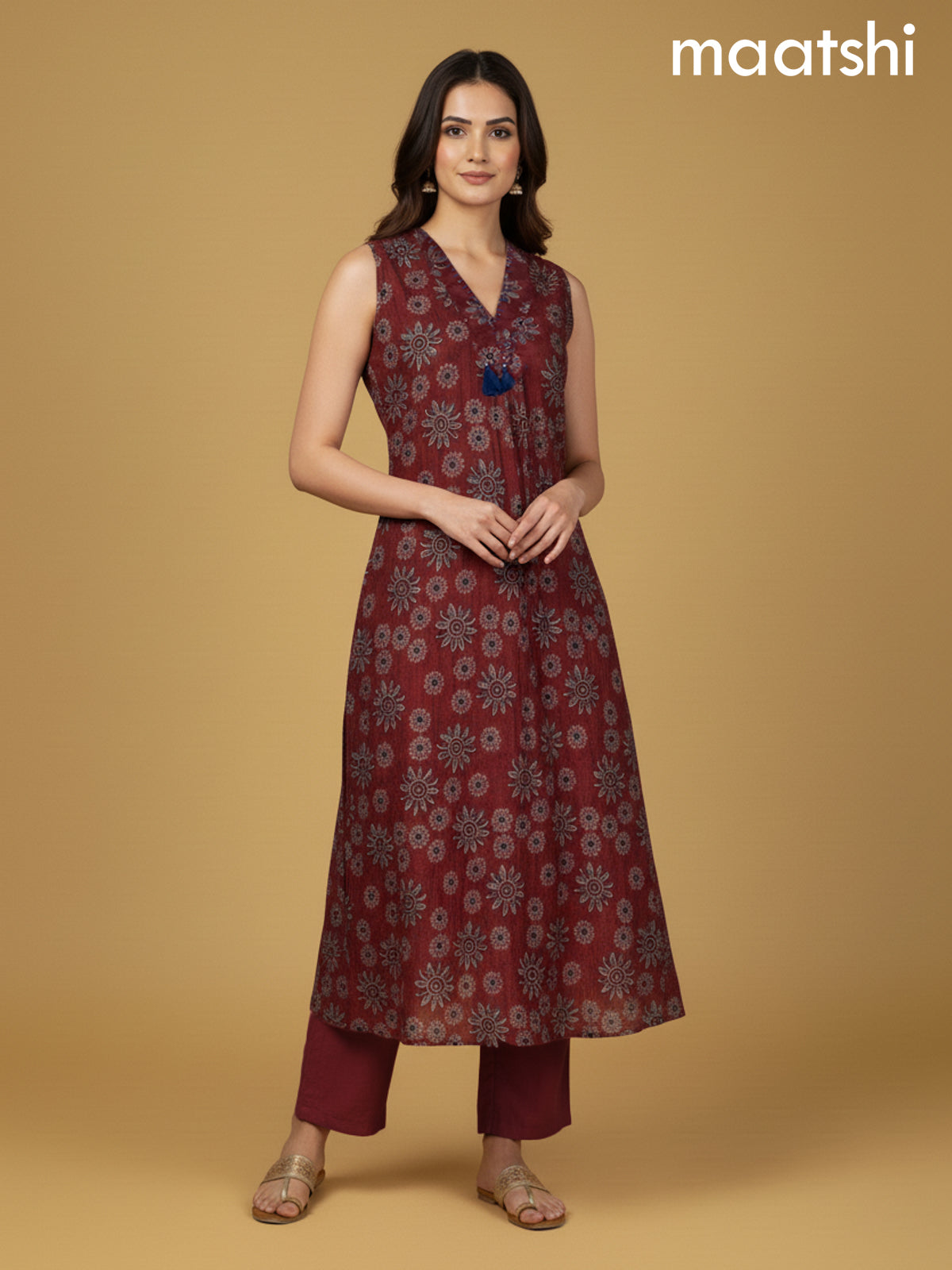 Maroon Cotton Ajrakh Printed A- Line Kurti Set & Sleeve Attached