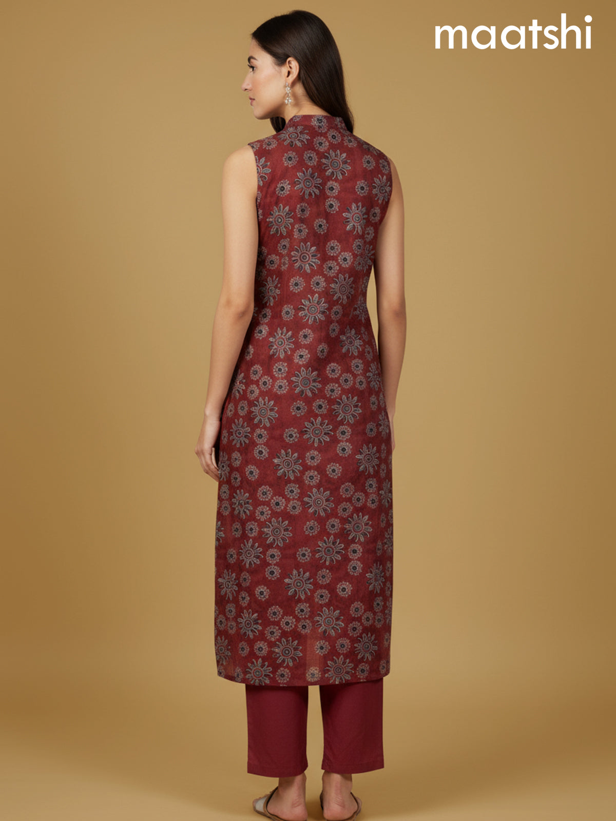 Maroon Cotton Ajrakh Printed A- Line Kurti Set & Sleeve Attached