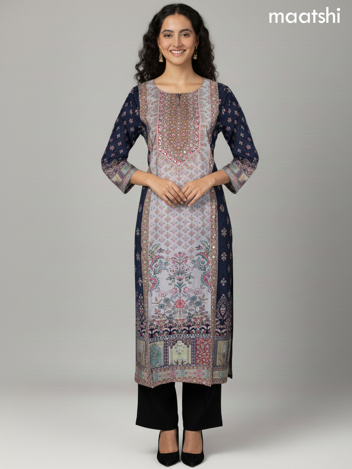 Black and Grey Chanderi Printed Straight Suit