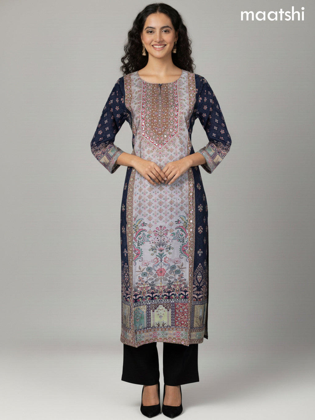 Black and Grey Chanderi Printed Straight Suit