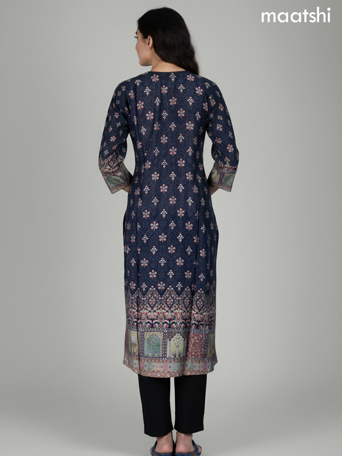 Black and Grey Chanderi Printed Straight Suit
