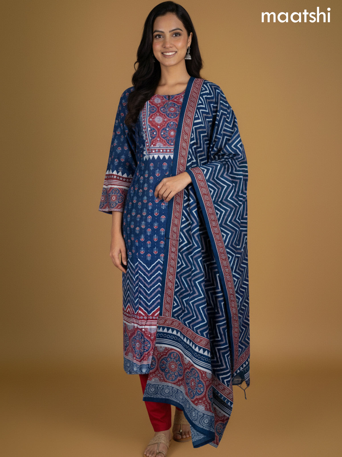 Blue and Maroon Chanderi Ajrakh Printed Straight Suit