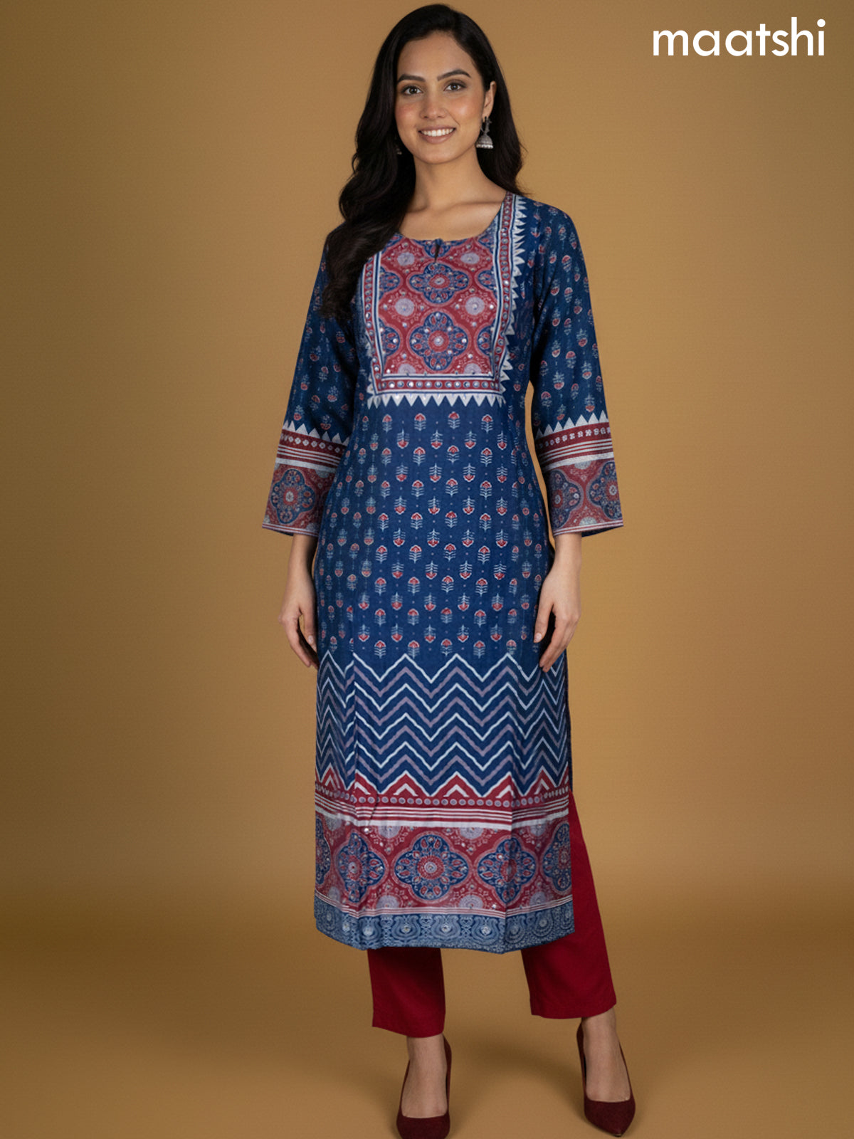 Blue and Maroon Chanderi Ajrakh Printed Straight Suit