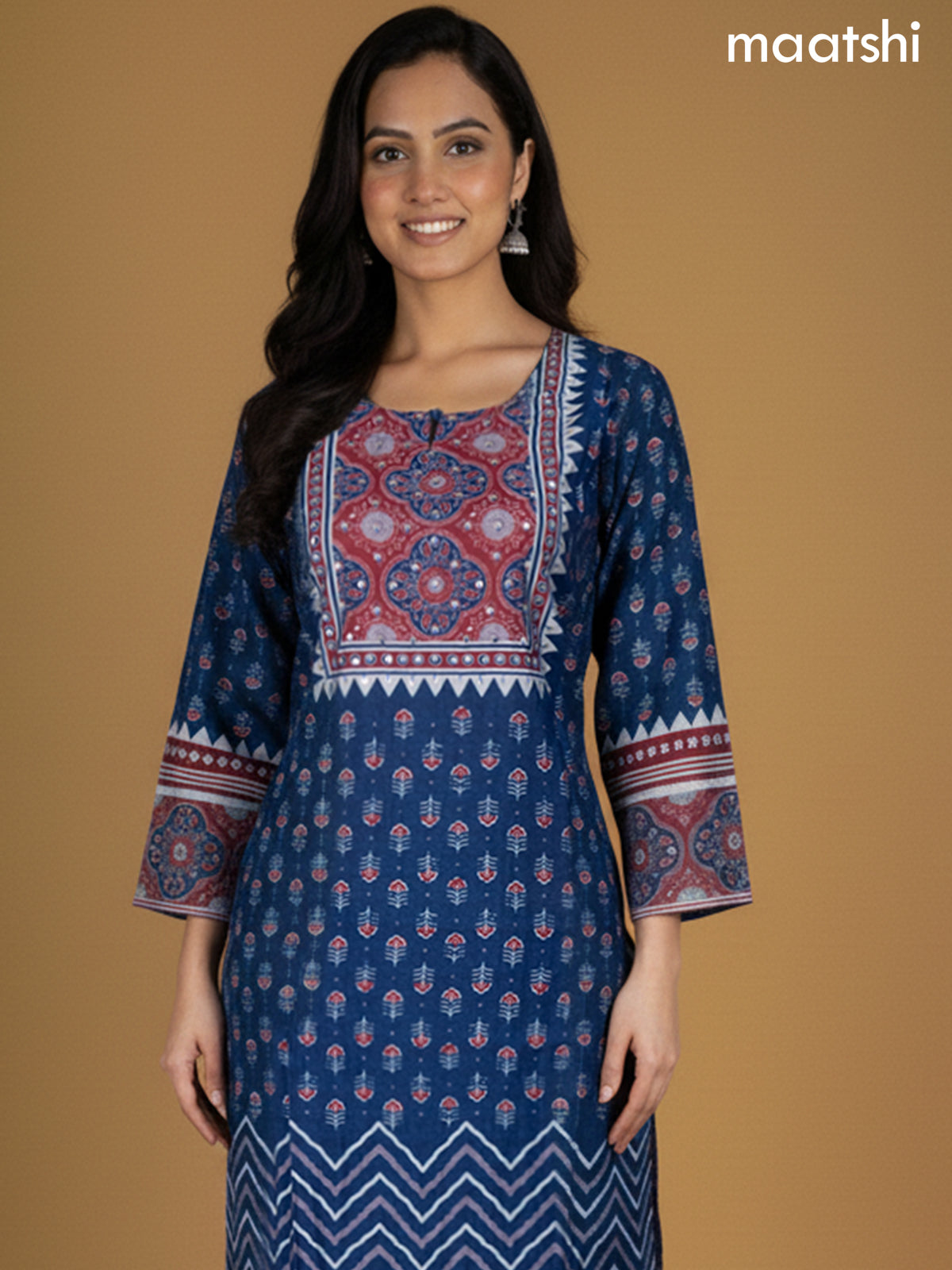 Blue and Maroon Chanderi Ajrakh Printed Straight Suit