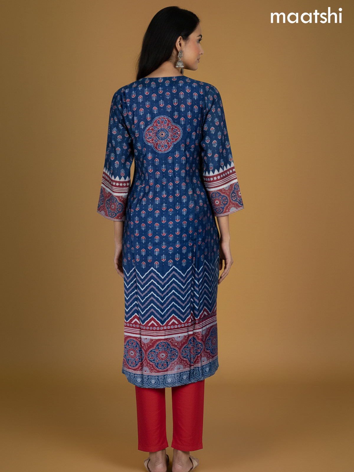 Blue and Maroon Chanderi Ajrakh Printed Straight Suit