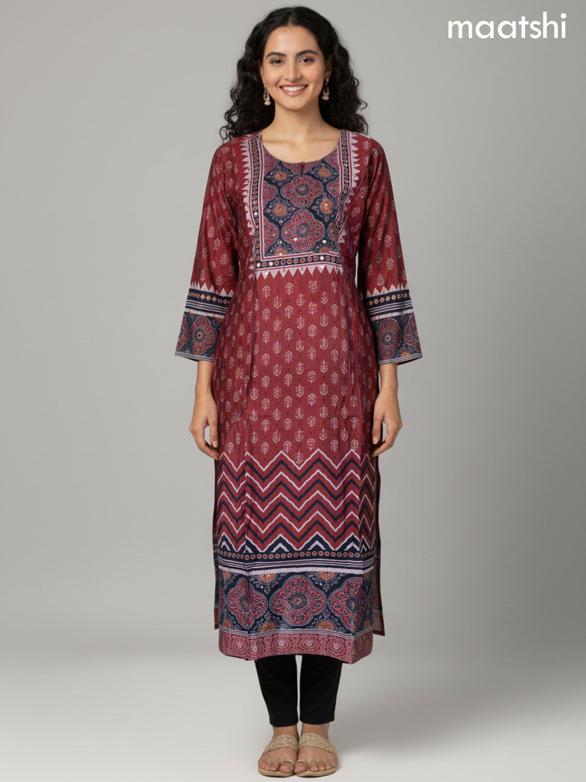 Maroon and Black Chanderi Ajrakh Printed Straight Suit