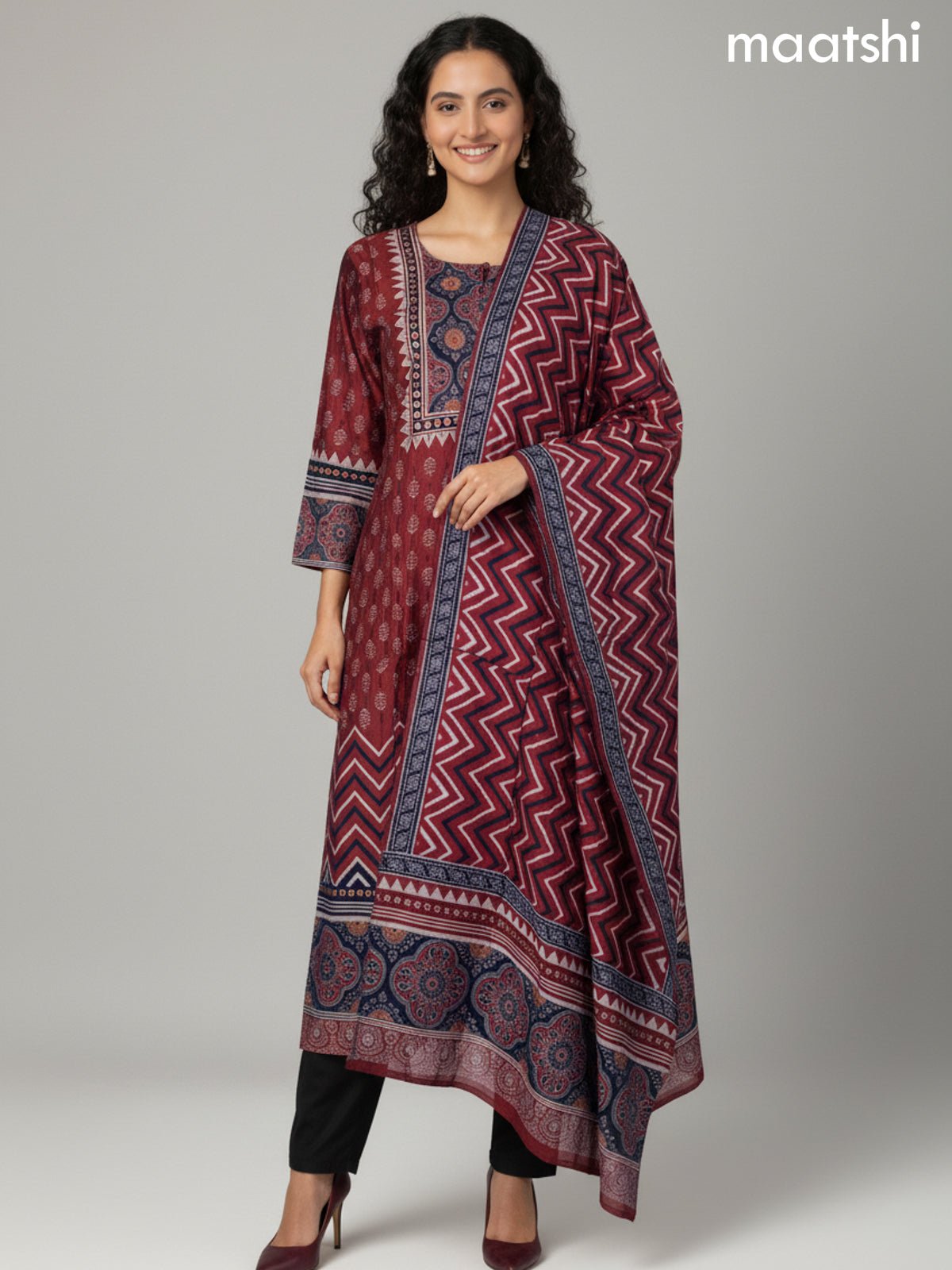 Maroon and Black Chanderi Ajrakh Printed Straight Suit