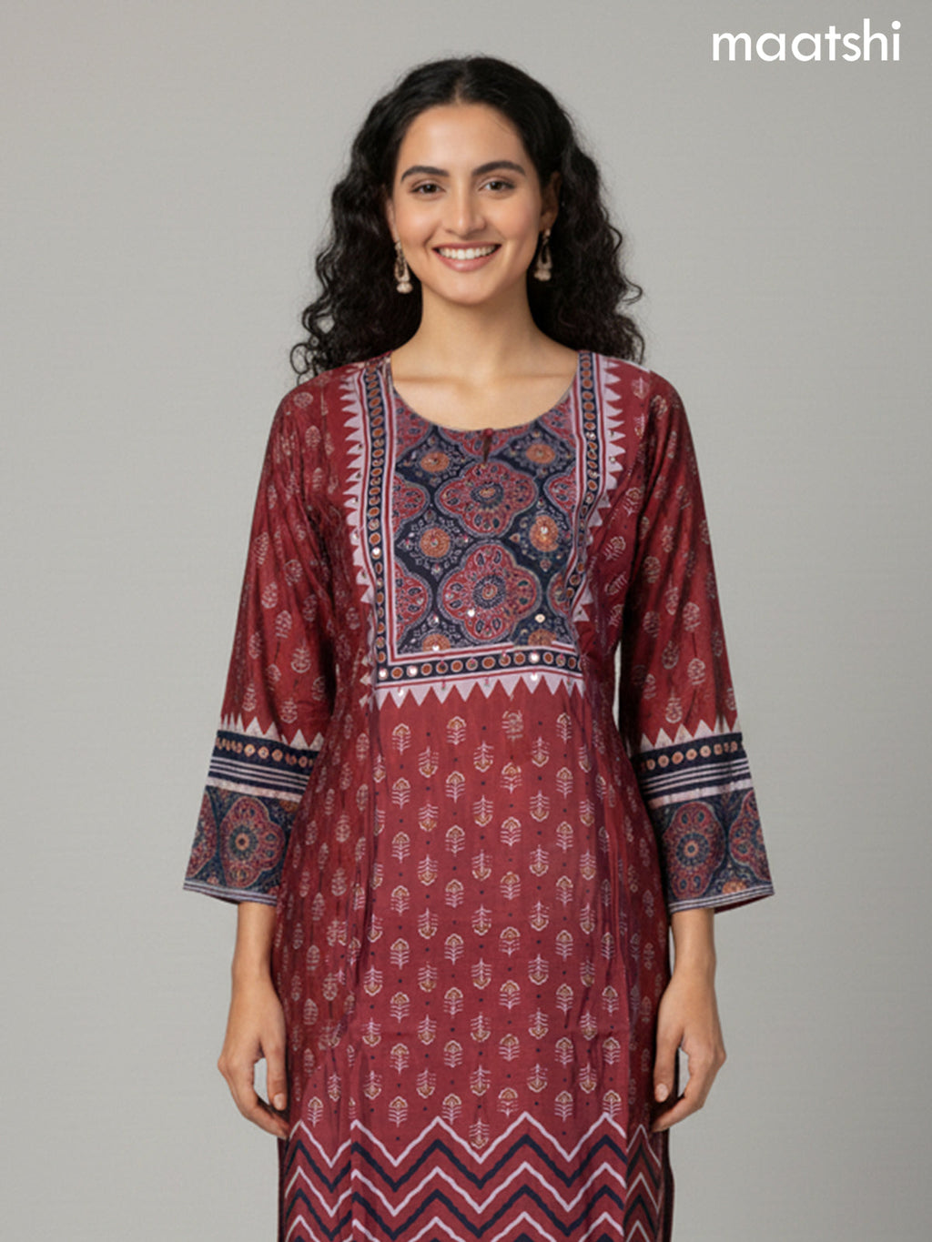 Maroon and Black Chanderi Ajrakh Printed Straight Suit