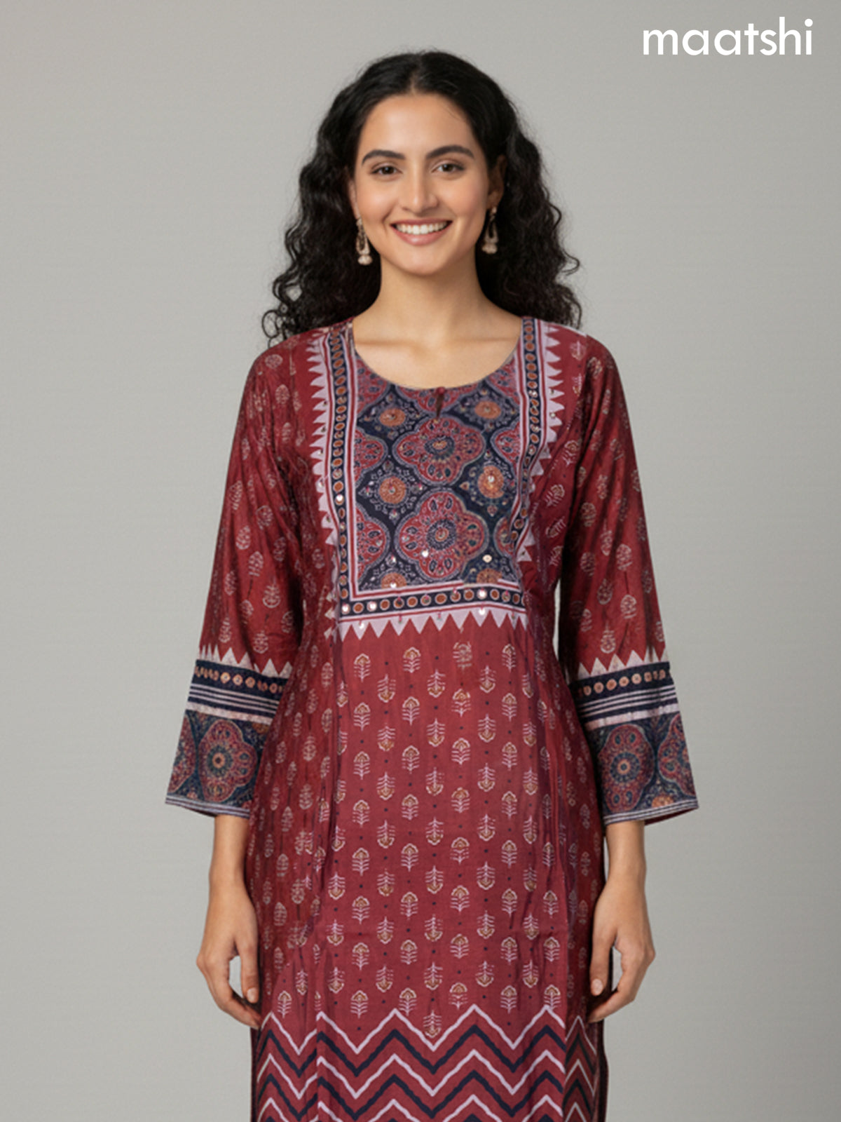Maroon and Black Chanderi Ajrakh Printed Straight Suit