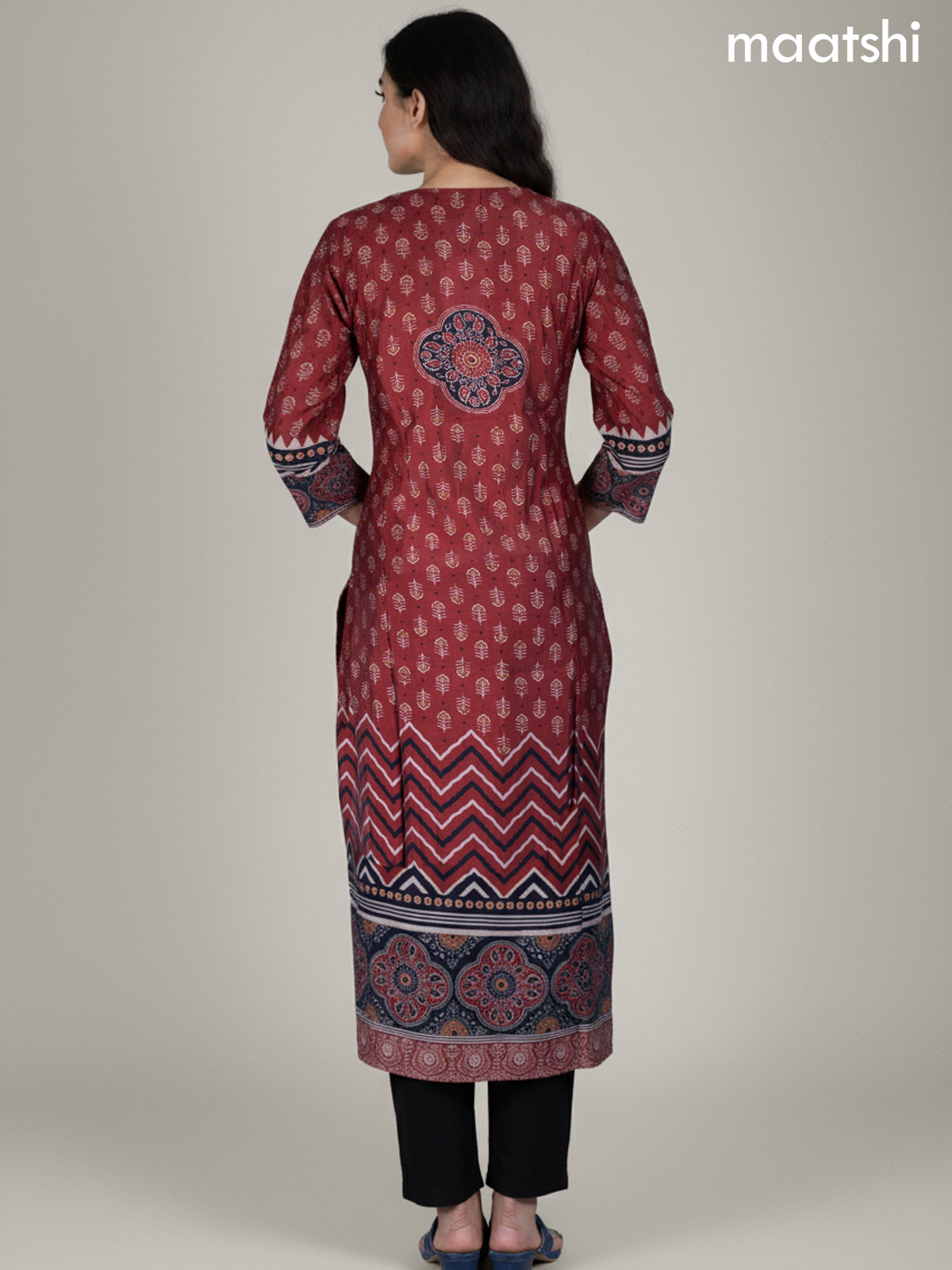 Maroon and Black Chanderi Ajrakh Printed Straight Suit