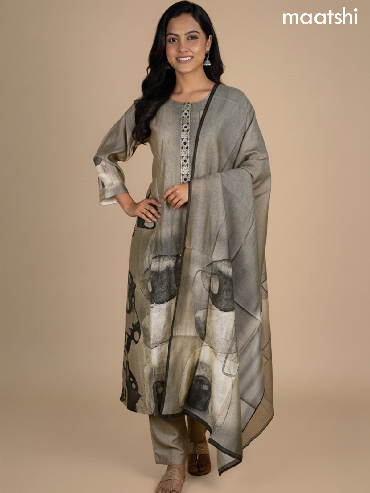 Beige Chanderi Floral Printed Straight Suit