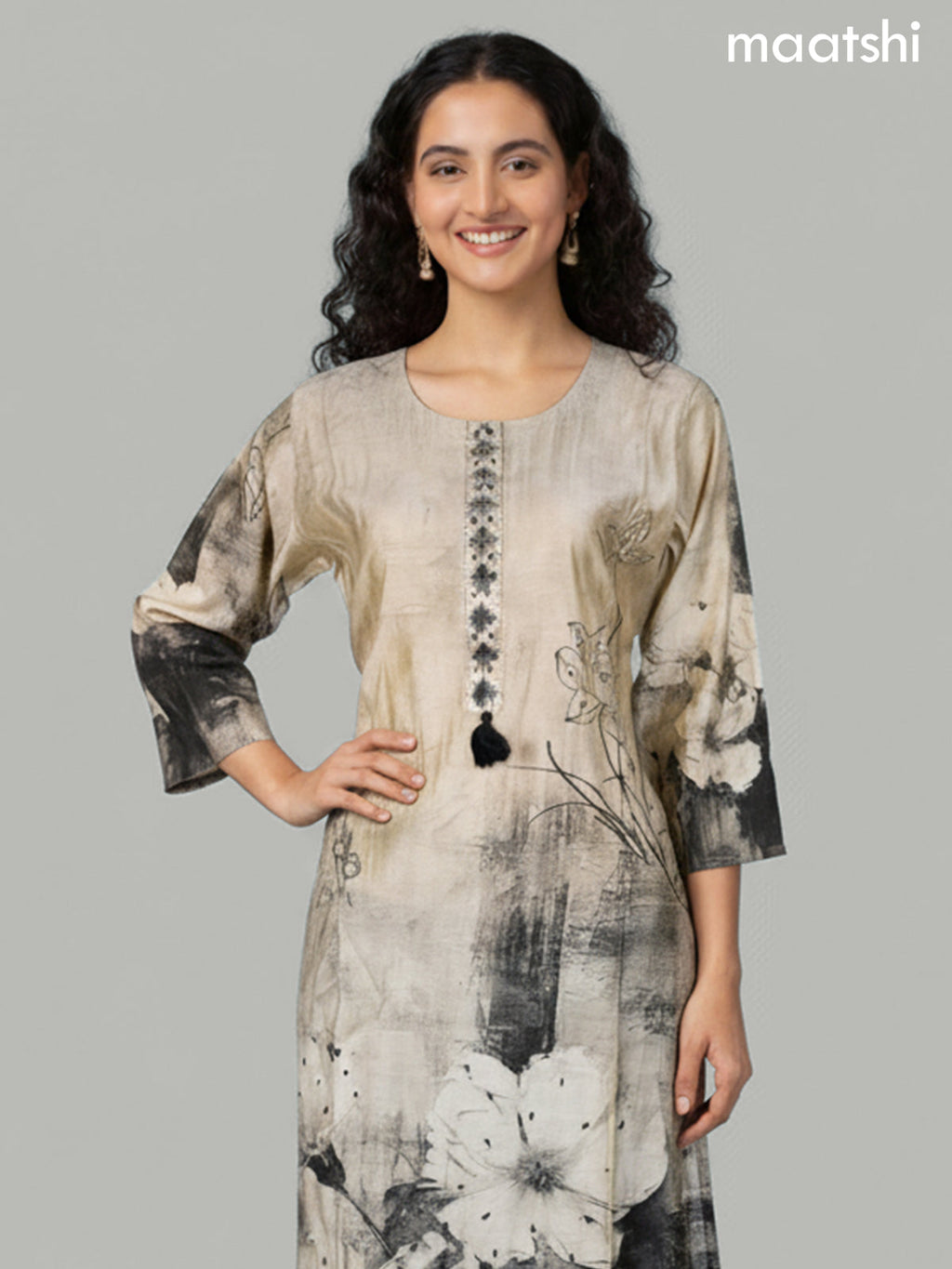 Beige and Black Chanderi Floral Printed Straight Suit