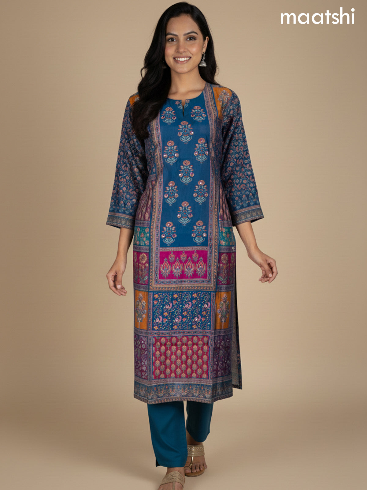 Multi Colour and Peacock Blue Chanderi Printed Straight Suit