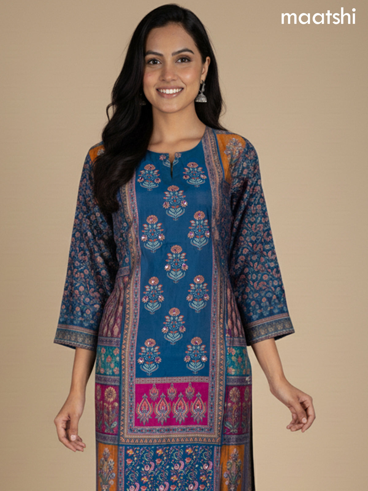 Multi Colour and Peacock Blue Chanderi Printed Straight Suit