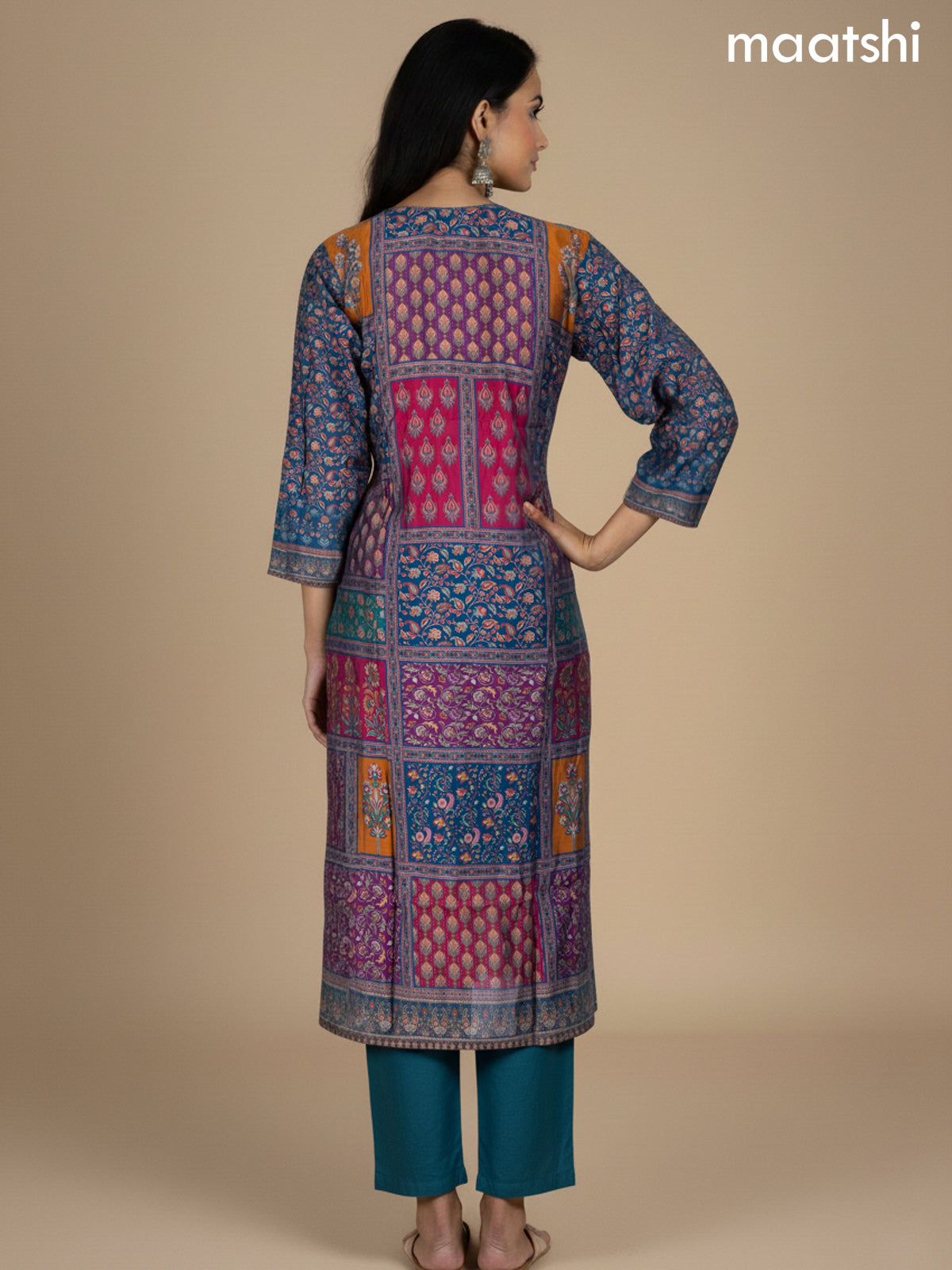 Multi Colour and Peacock Blue Chanderi Printed Straight Suit