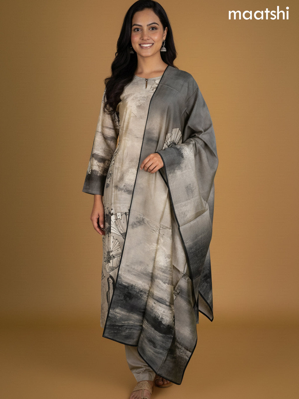 Beige Chanderi Floral Printed Straight Suit