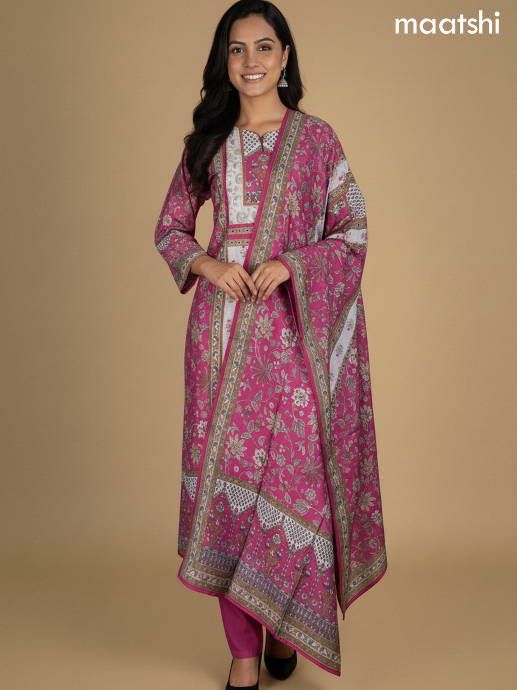Pink and Grey Chanderi Printed Straight Suit
