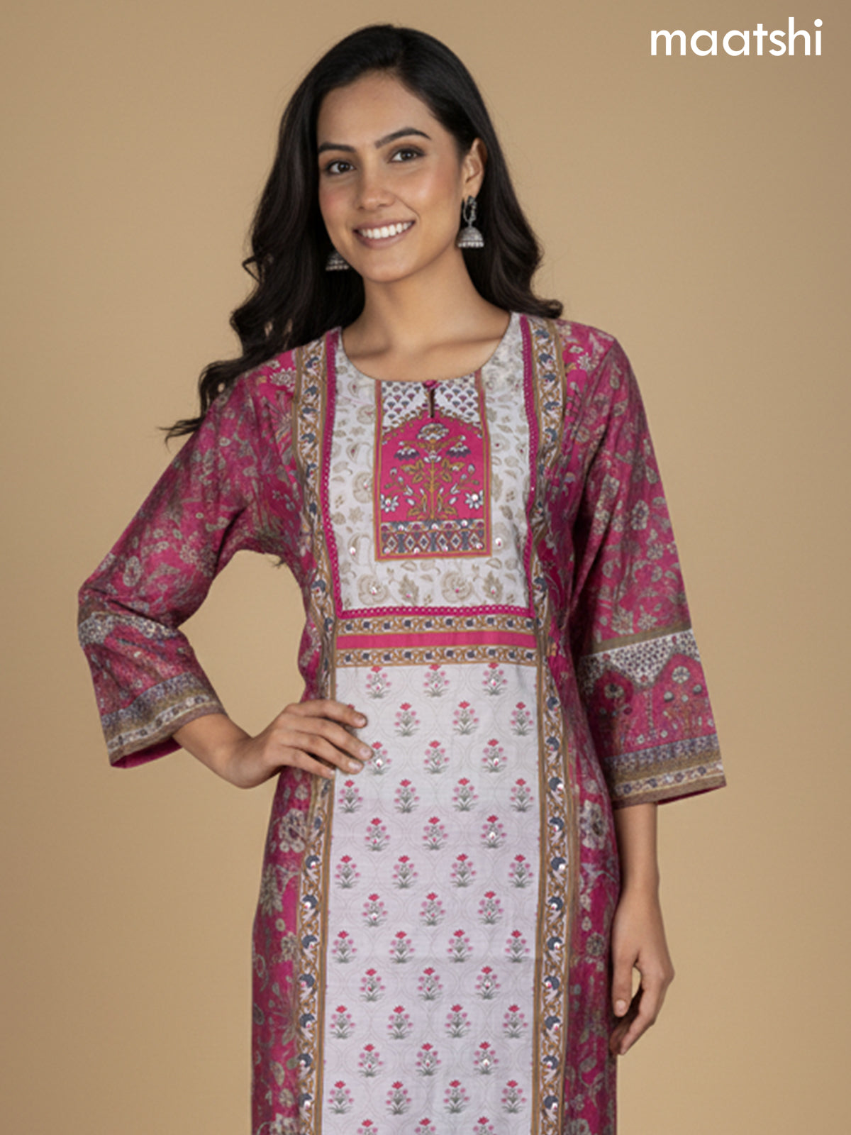 Pink and Grey Chanderi Printed Straight Suit
