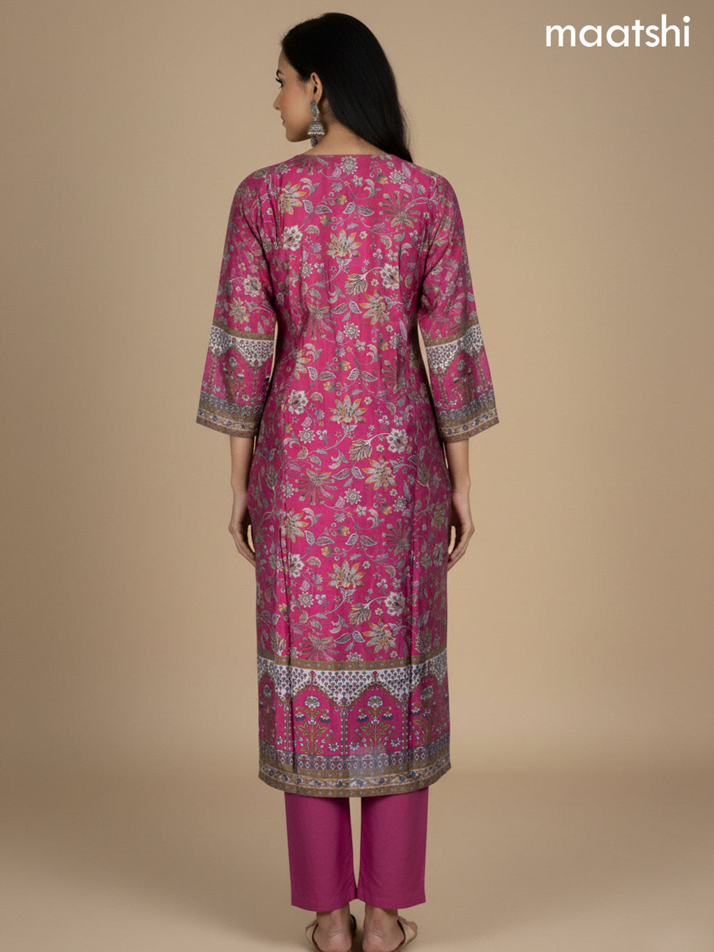 Pink and Grey Chanderi Printed Straight Suit