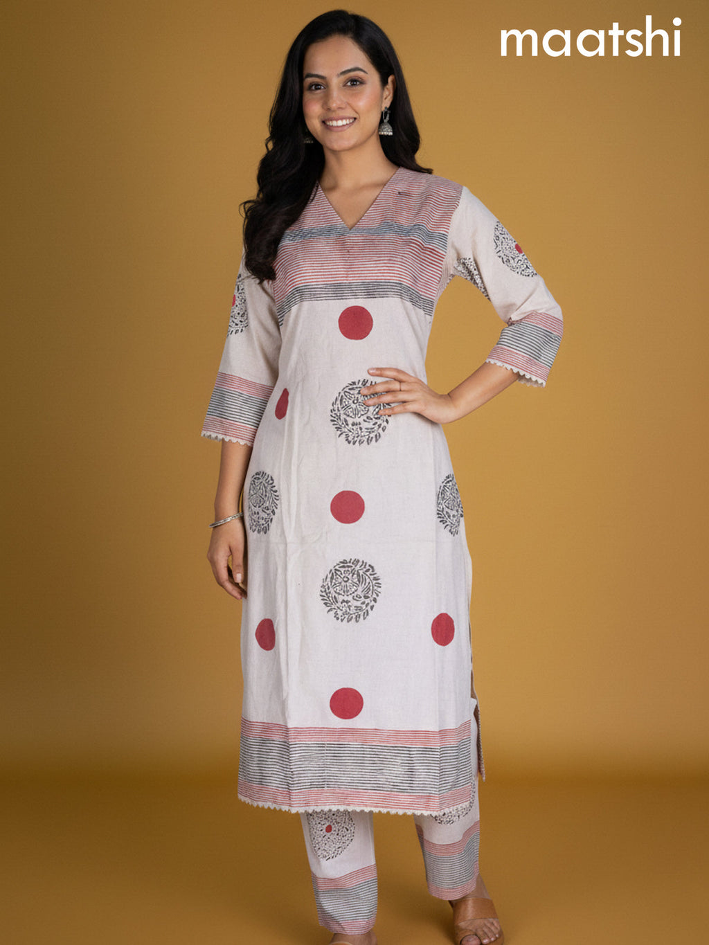 Cream and Red Linen Cotton Printed Kurti Set