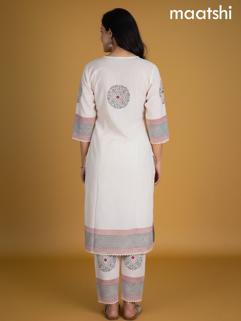 Cream and Red Linen Cotton Printed Kurti Set
