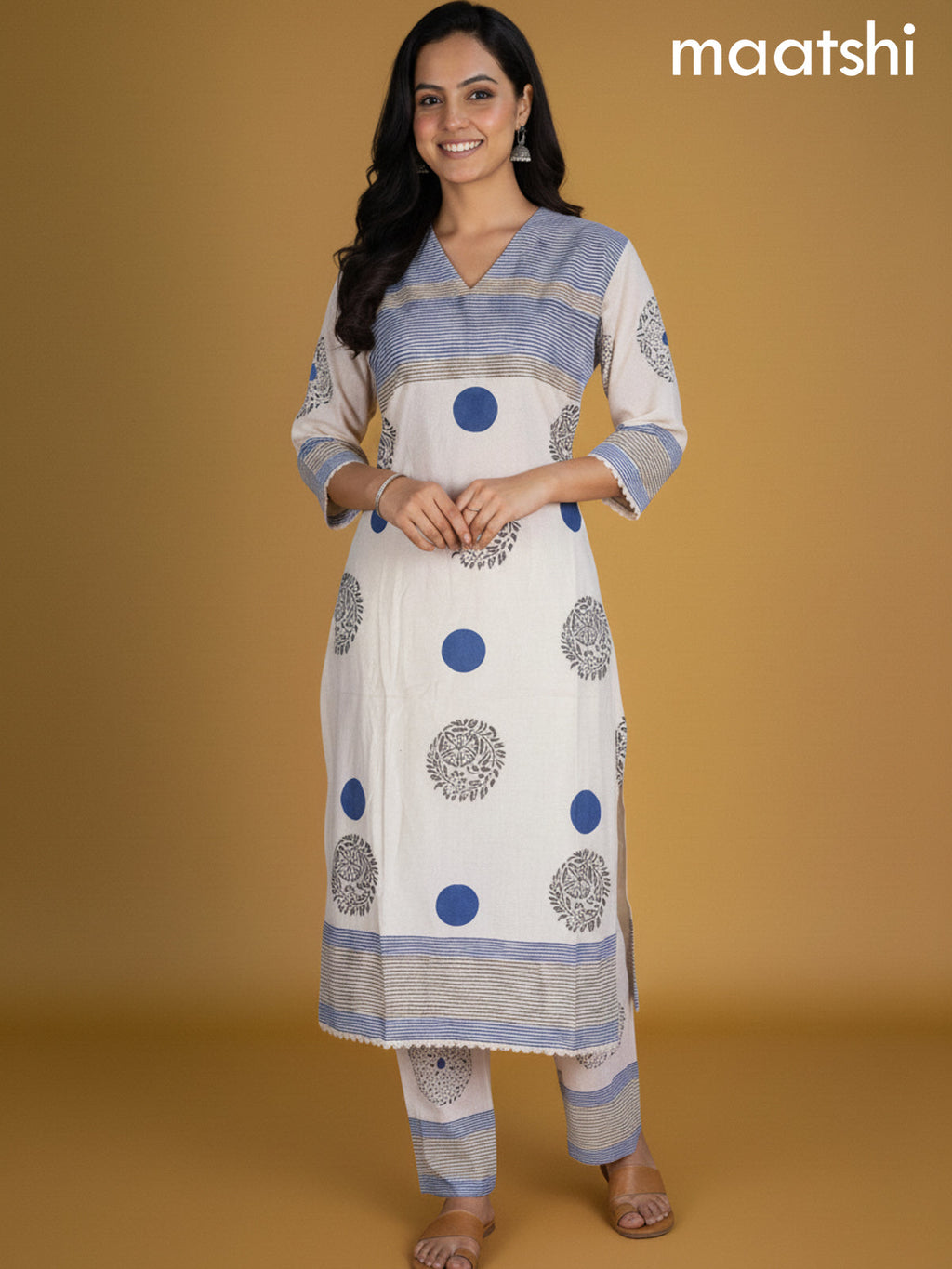 Cream and Blue Linen Cotton Printed Kurti Set