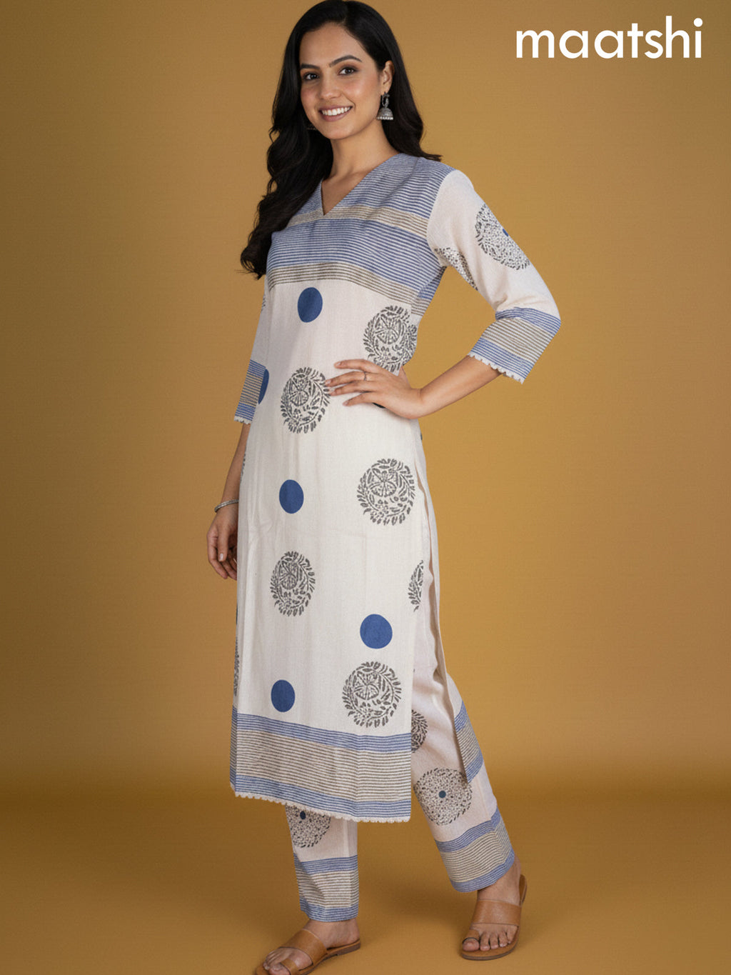 Cream and Blue Linen Cotton Printed Kurti Set