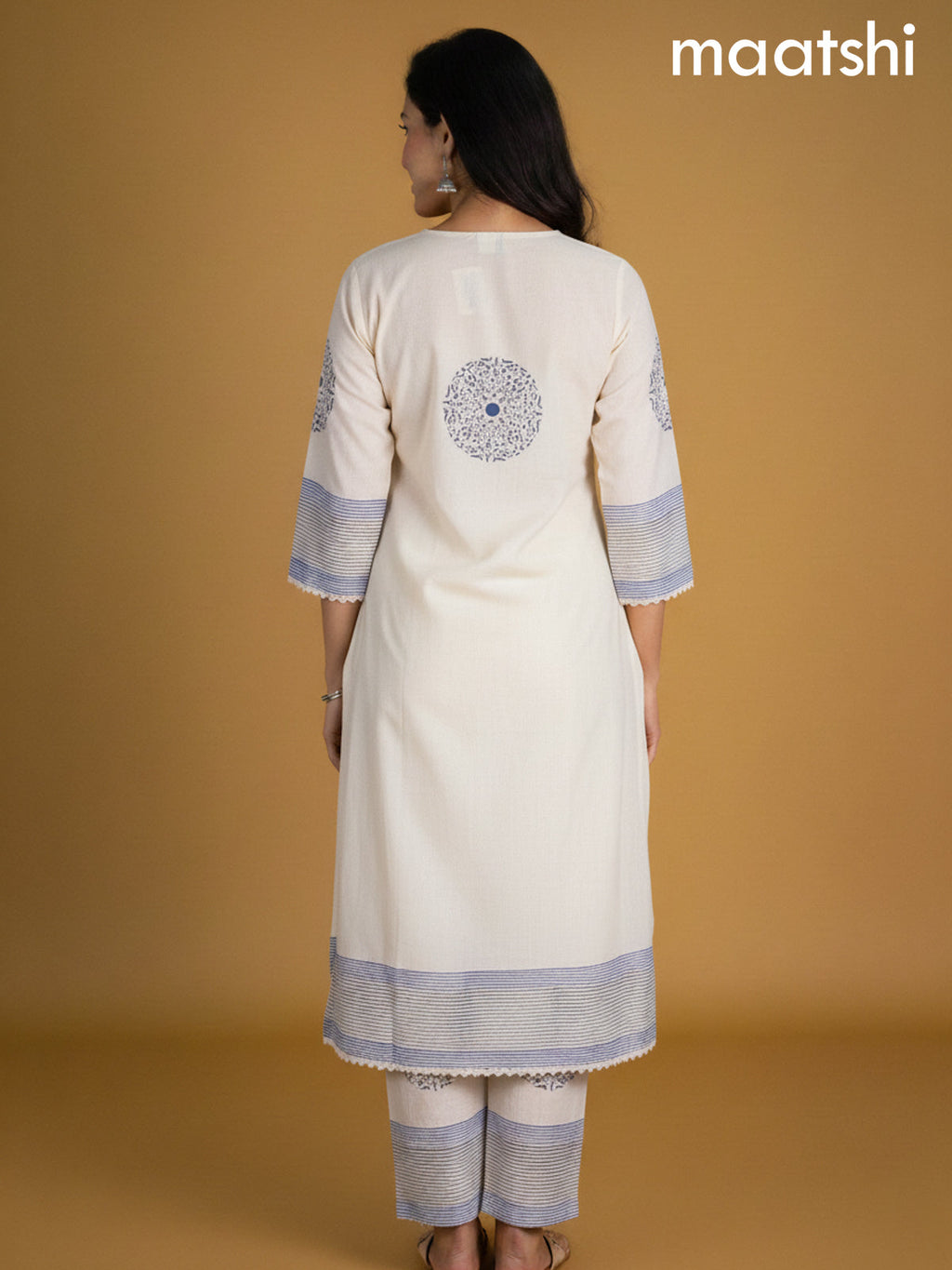 Cream and Blue Linen Cotton Printed Kurti Set