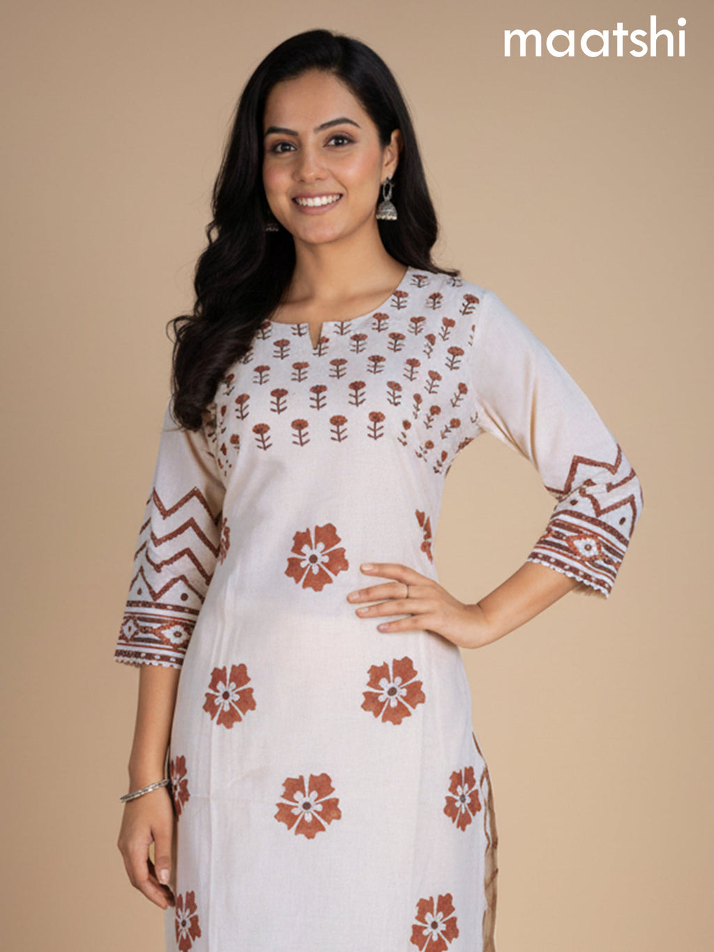 Cream and Rust Shade Linen Cotton Printed Kurti Set