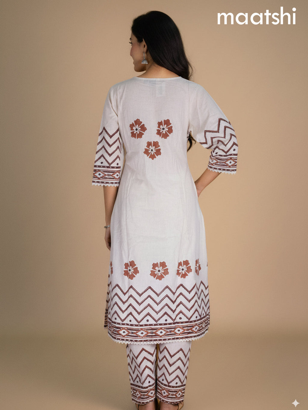 Cream and Rust Shade Linen Cotton Printed Kurti Set