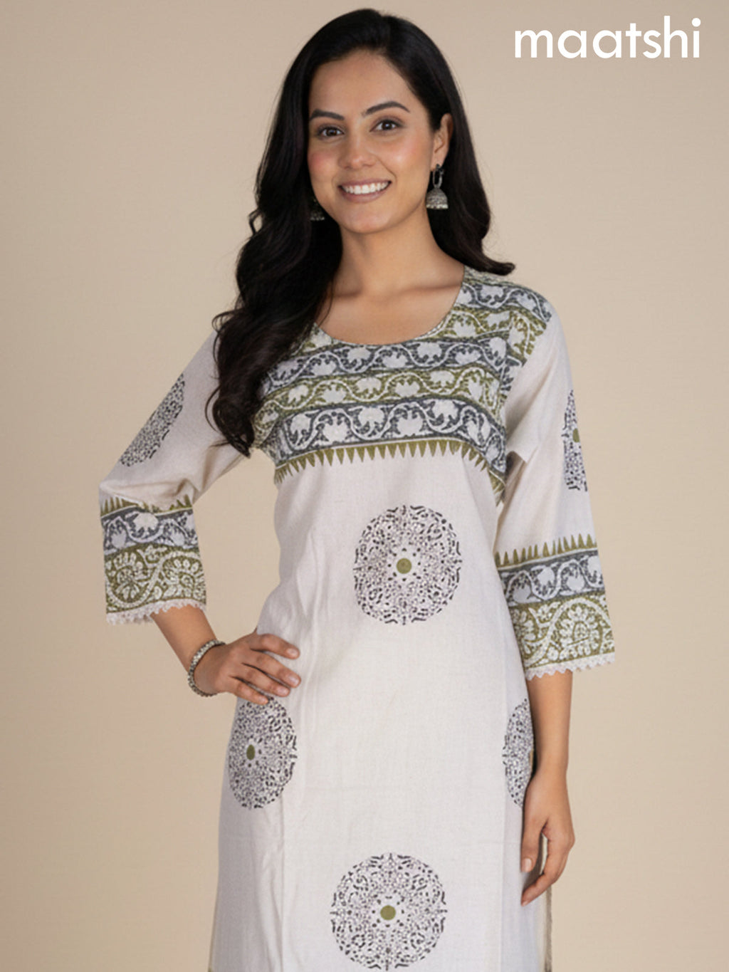 Cream and Green Shade Linen Cotton Printed Kurti Set