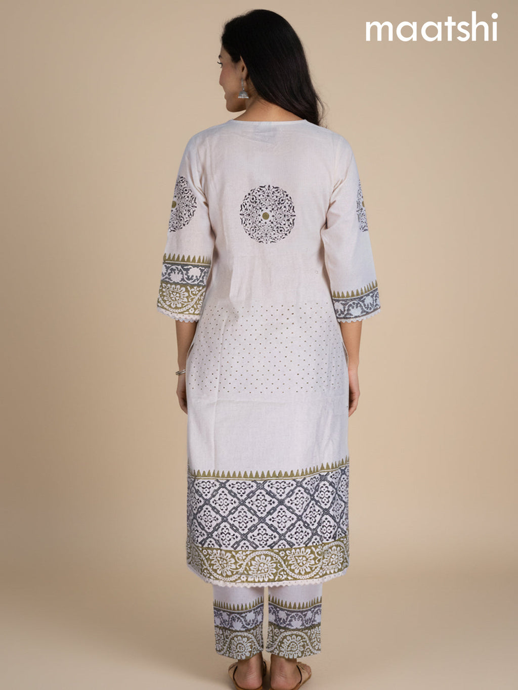 Cream and Green Shade Linen Cotton Printed Kurti Set