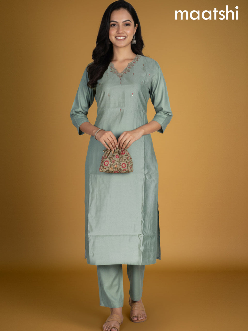 Pastel Green Chanderi Embroidery Work Straight Suit