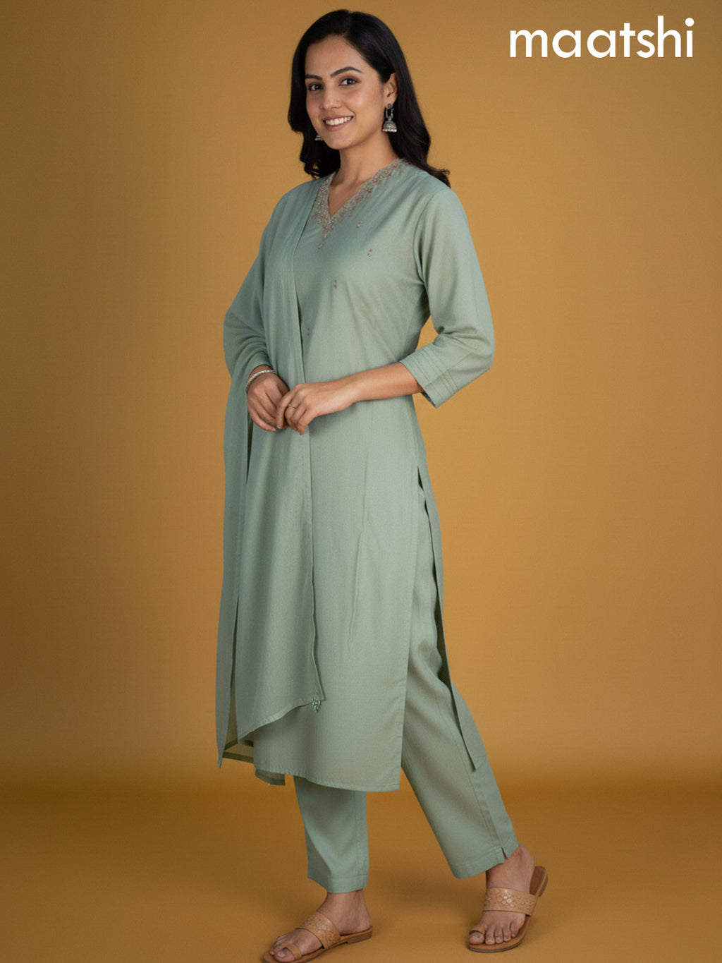 Pastel Green Chanderi Embroidery Work Straight Suit