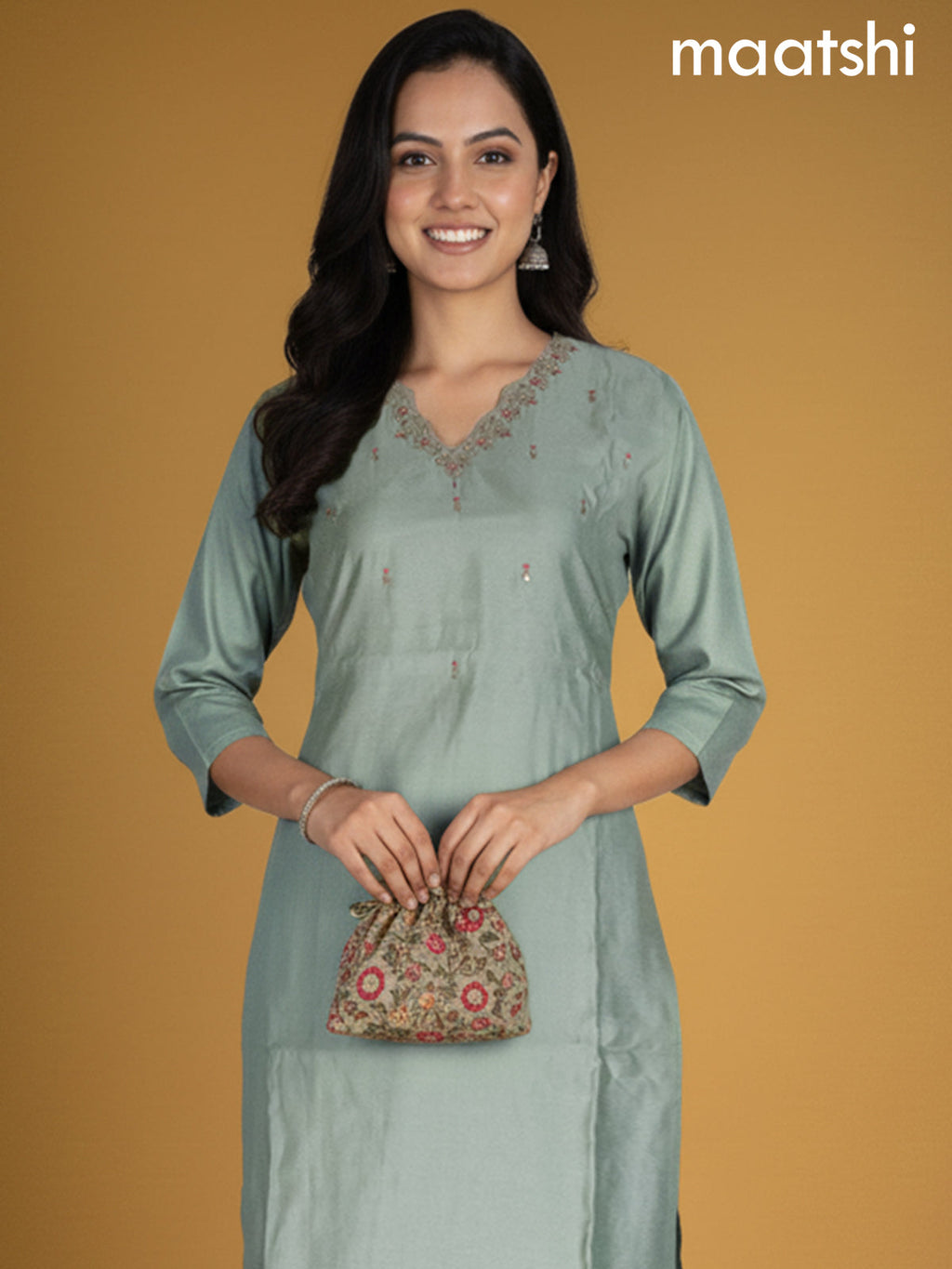 Pastel Green Chanderi Embroidery Work Straight Suit
