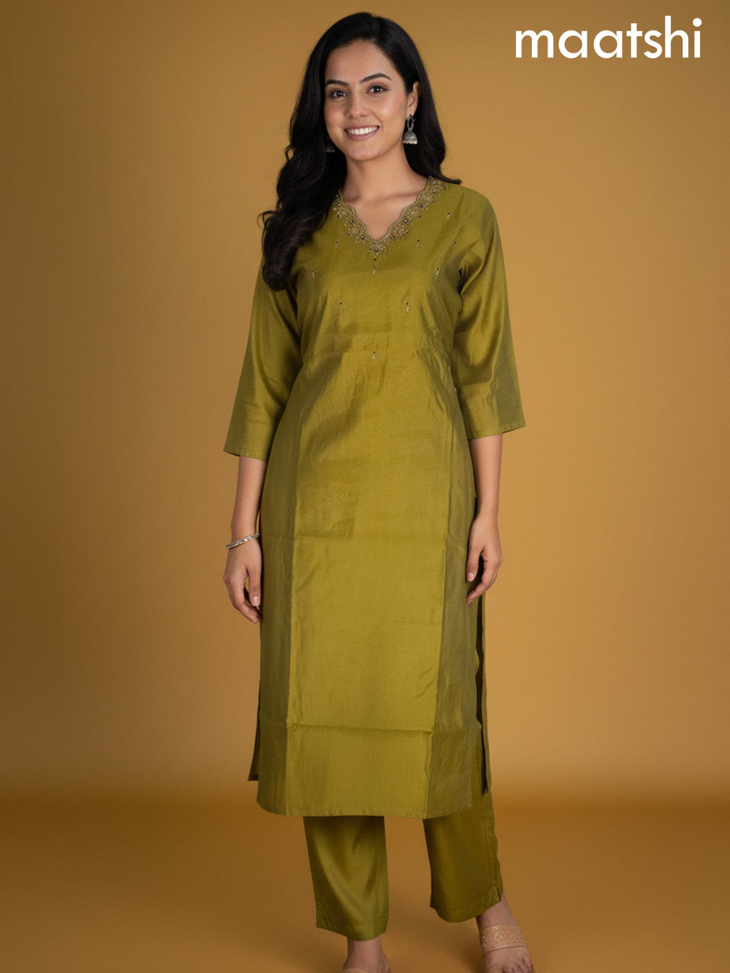 Lime Green Chanderi Embroidery Work Straight Suit