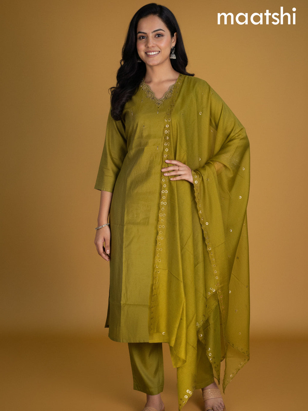 Lime Green Chanderi Embroidery Work Straight Suit