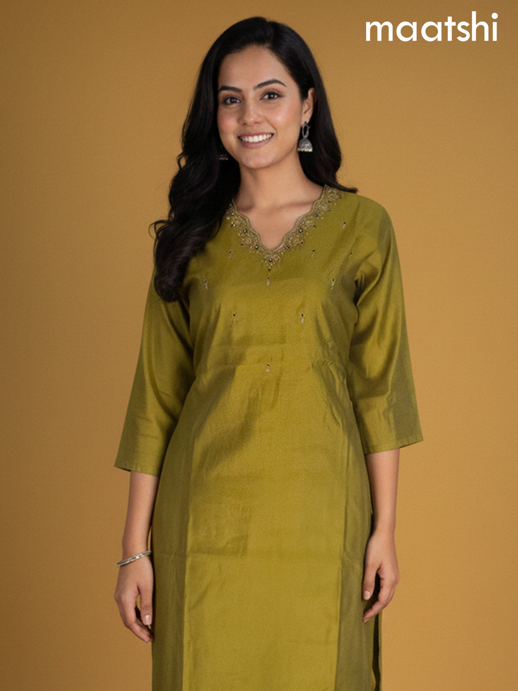 Lime Green Chanderi Embroidery Work Straight Suit