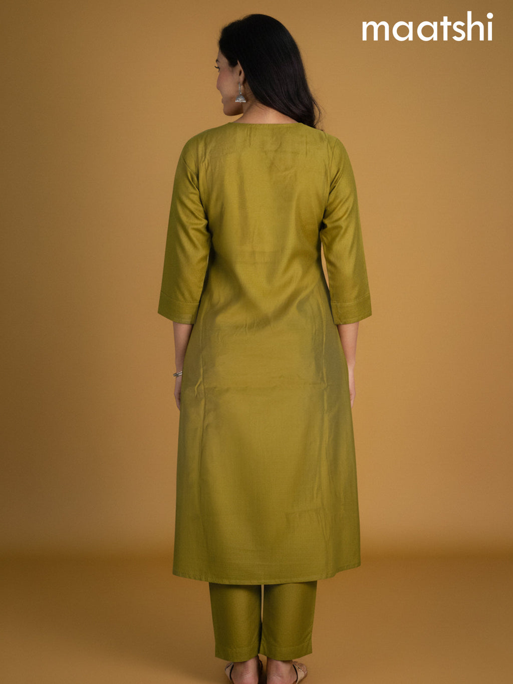 Lime Green Chanderi Embroidery Work Straight Suit