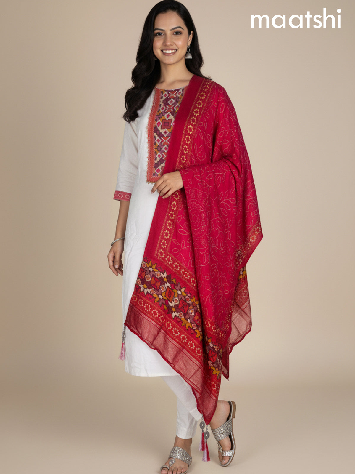 Off White and Pink Russian Silk Embroidery Work Straight Suit