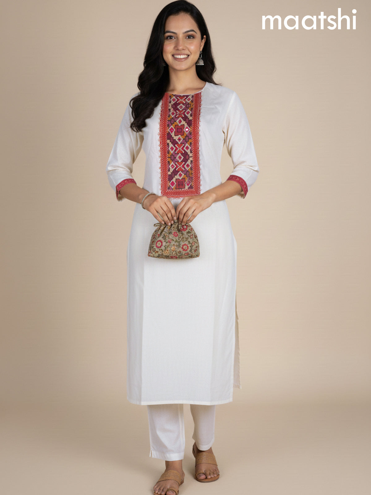 Off White and Pink Russian Silk Embroidery Work Straight Suit