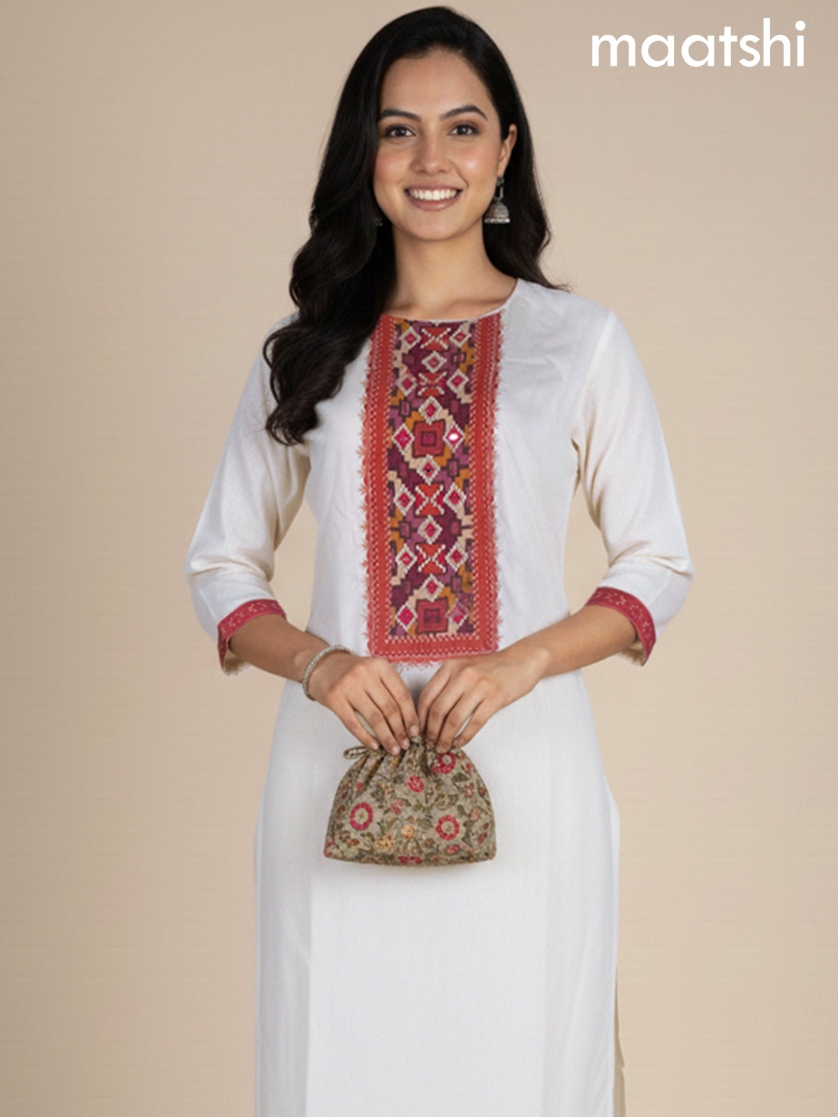 Off White and Pink Russian Silk Embroidery Work Straight Suit