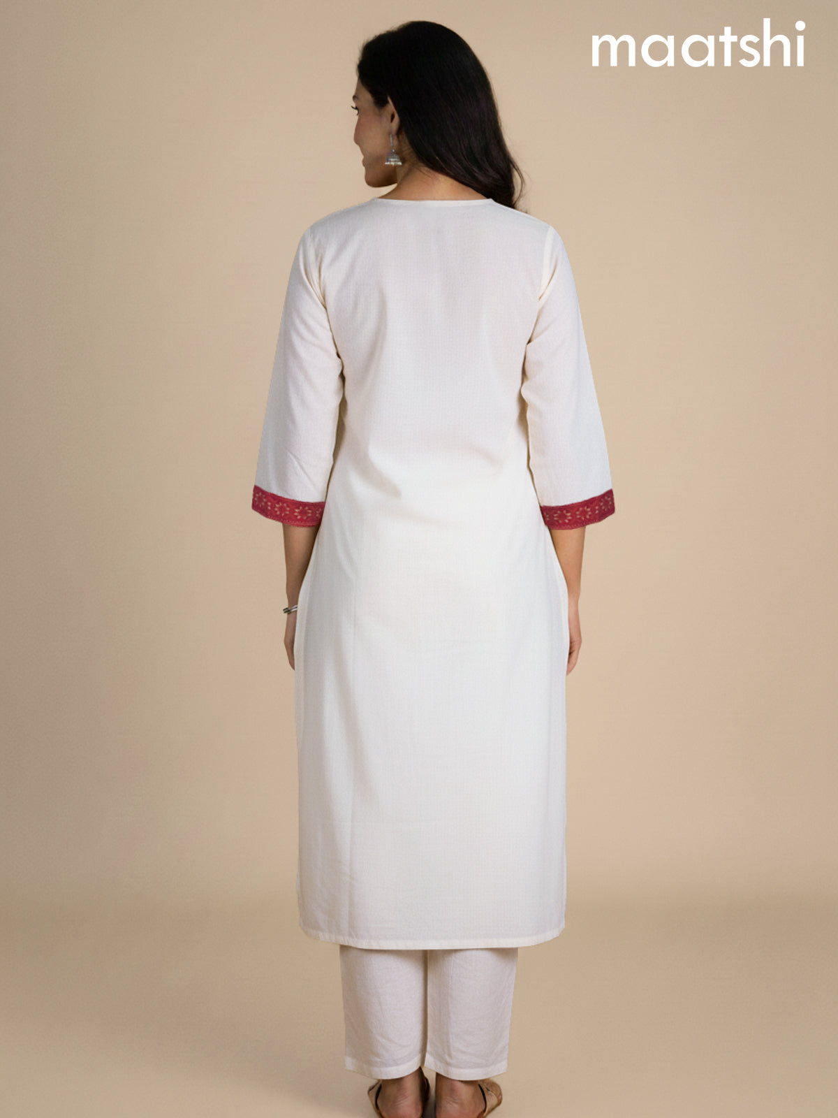 Off White and Pink Russian Silk Embroidery Work Straight Suit