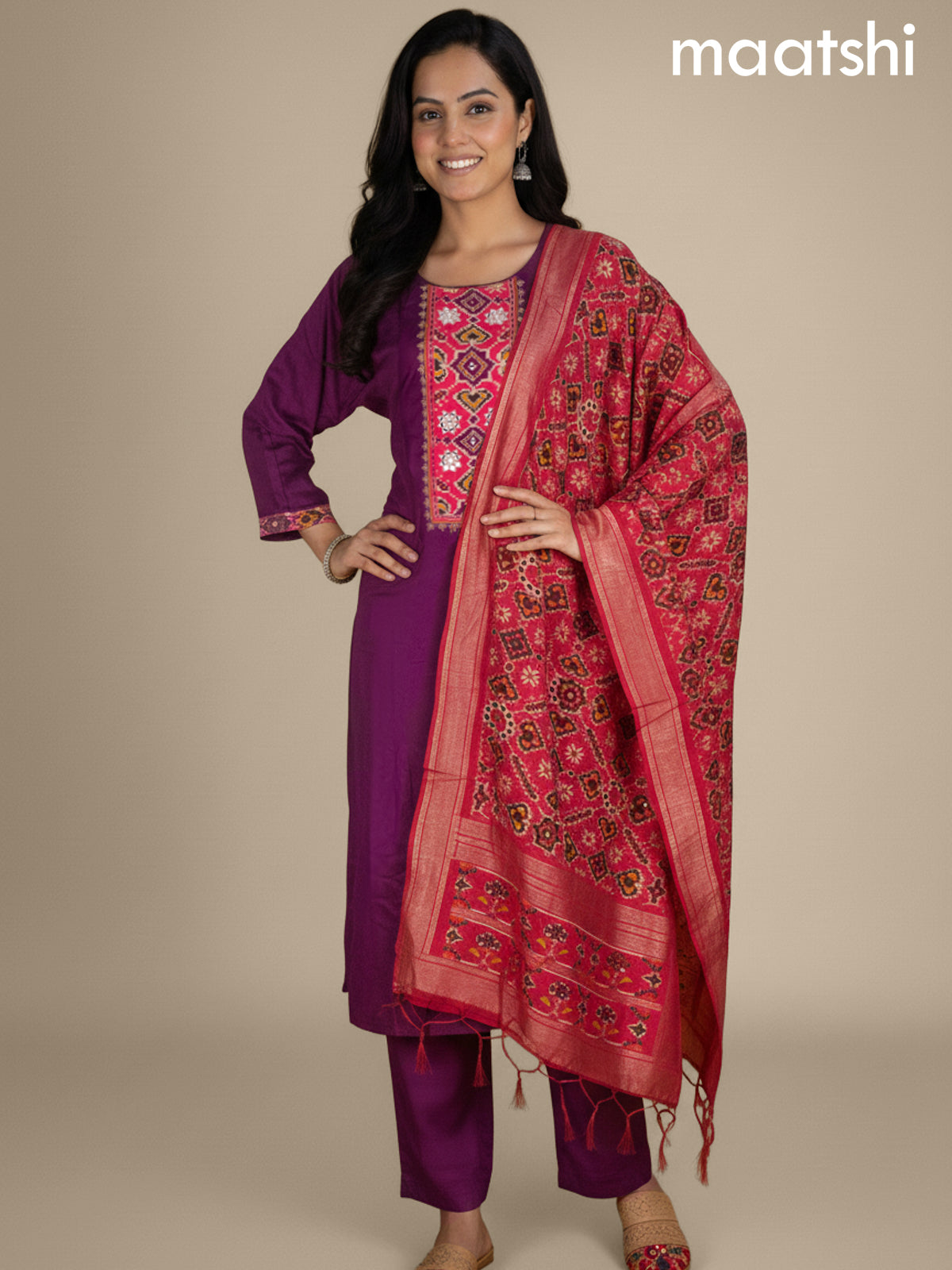 Dark Magenta and Peach Pink Russian Silk Embroidery Work Straight Suit