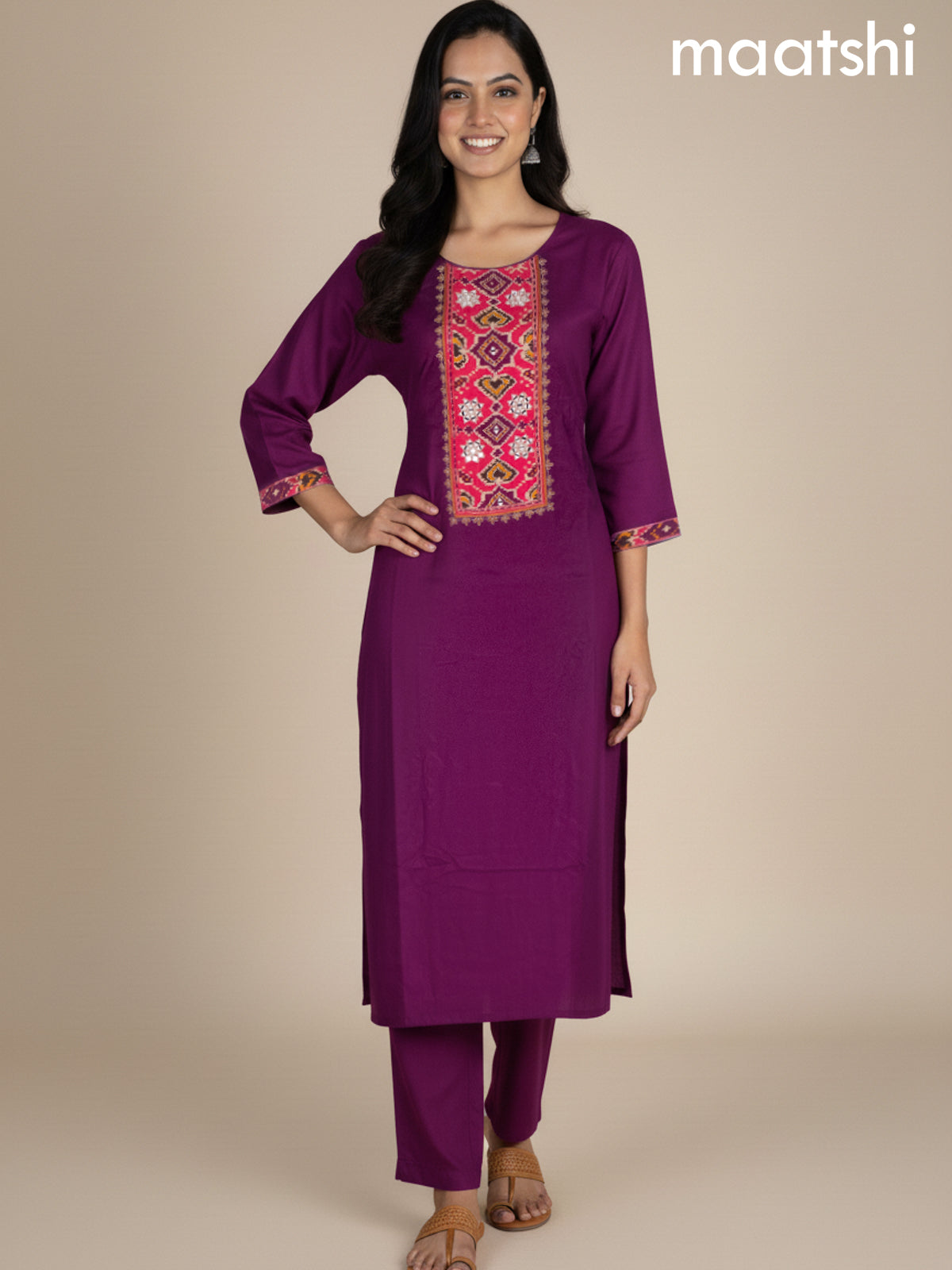 Dark Magenta and Peach Pink Russian Silk Embroidery Work Straight Suit
