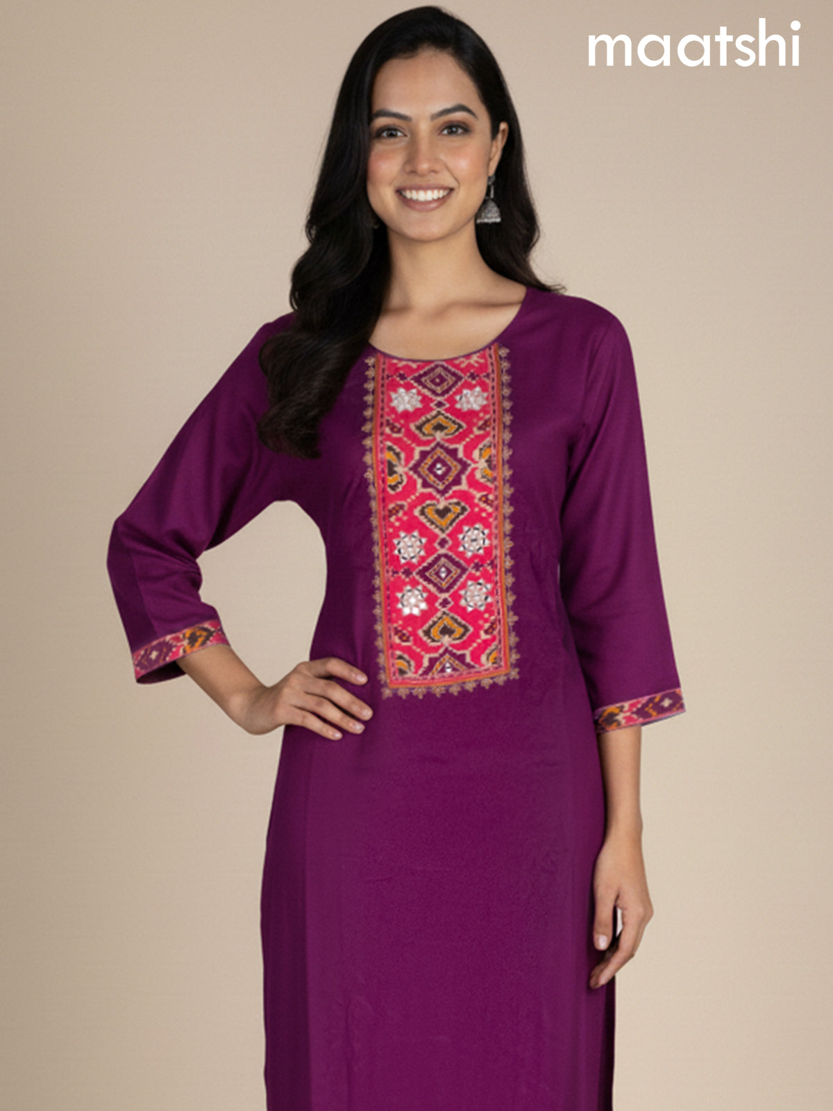 Dark Magenta and Peach Pink Russian Silk Embroidery Work Straight Suit