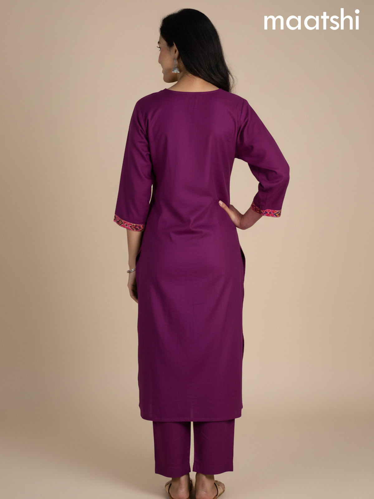 Dark Magenta and Peach Pink Russian Silk Embroidery Work Straight Suit